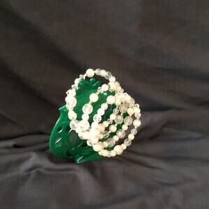 Spiral Bracelet with Cream & Aurora Borealis colored beads- Vintage Look
